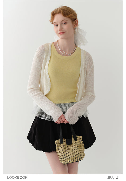 Open-Front Cropped Sheer Knit Cardigan