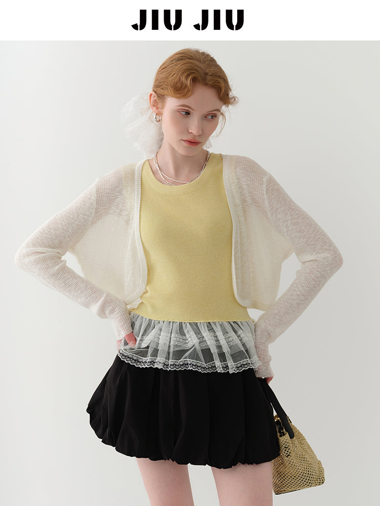 Open-Front Cropped Sheer Knit Cardigan