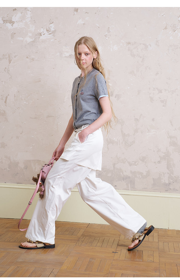 Wide-Leg Pants With Bow-Patched Skirt Overlay