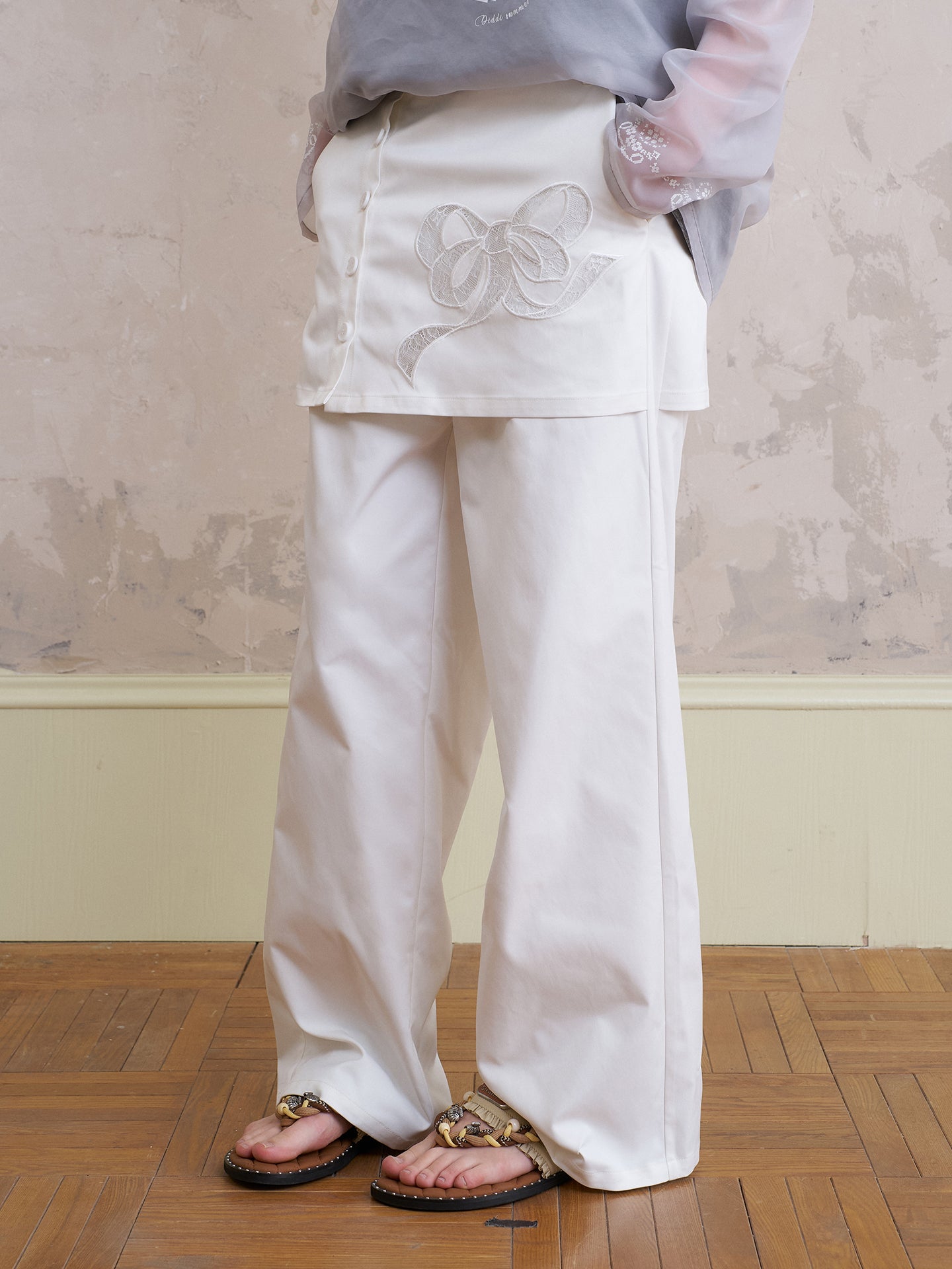 Wide-Leg Pants With Bow-Patched Skirt Overlay