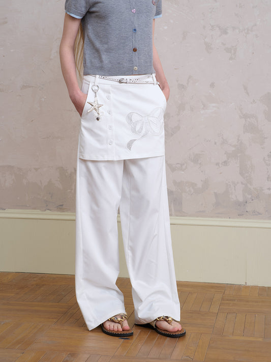 Wide-Leg Pants With Bow-Patched Skirt Overlay