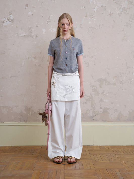 Wide-Leg Pants With Bow-Patched Skirt Overlay