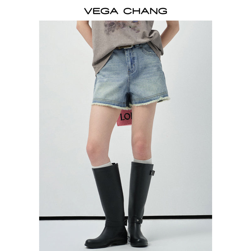 High-Waist Washed Denim Raw-Edge Shorts