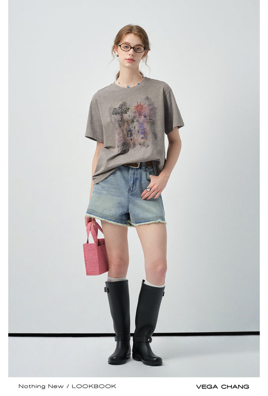 High-Waist Washed Denim Raw-Edge Shorts