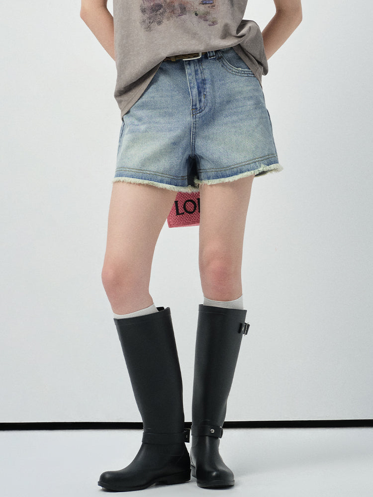 High-Waist Washed Denim Raw-Edge Shorts