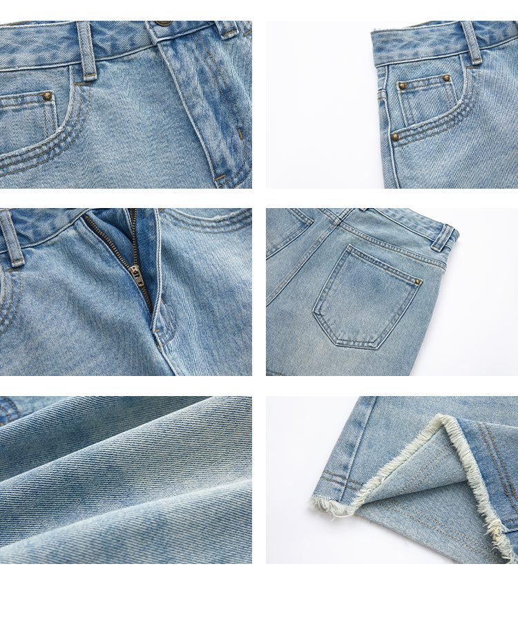 High-Waist Washed Denim Raw-Edge Shorts