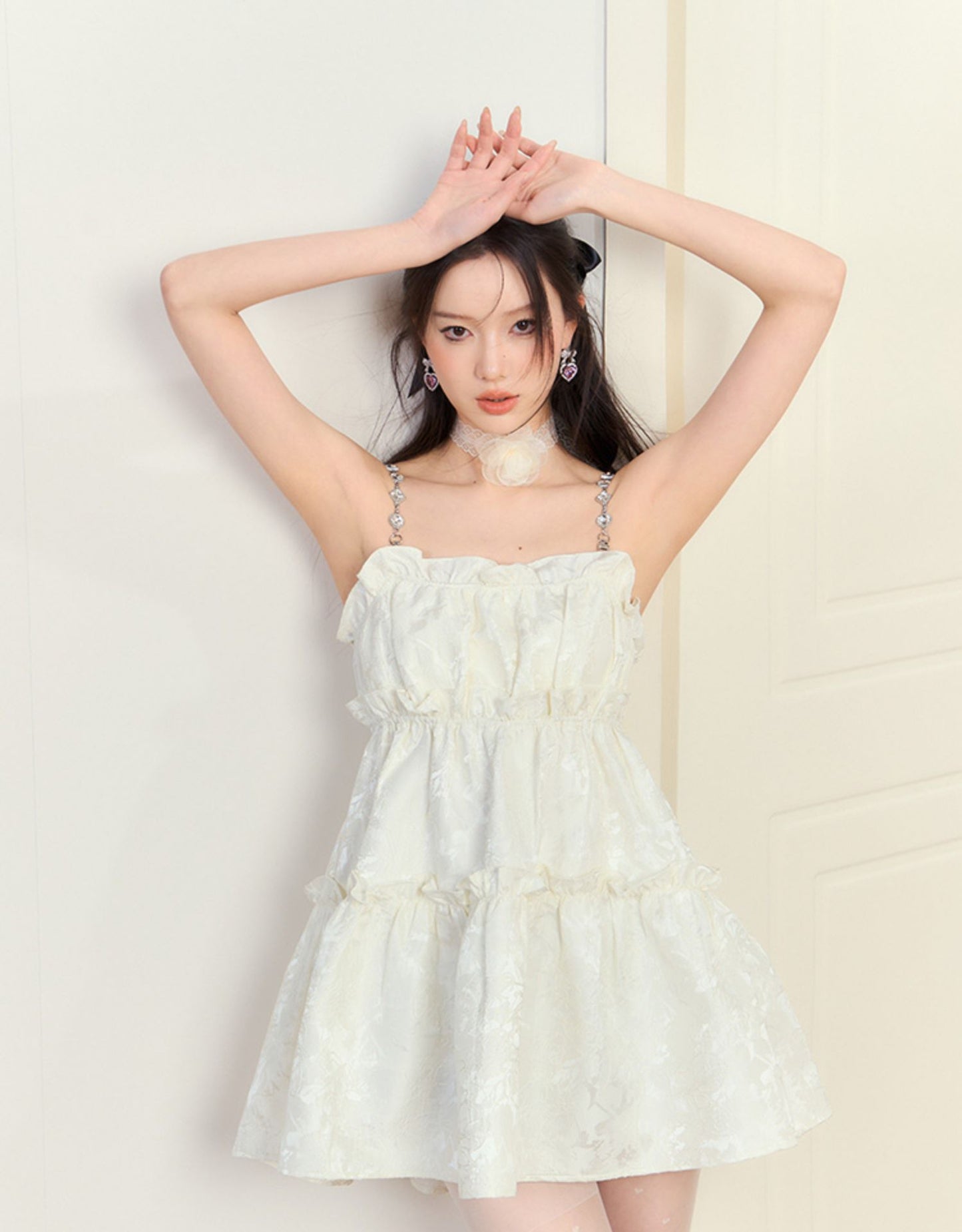 Ruffled Mini Dress With Crystal Chain Straps