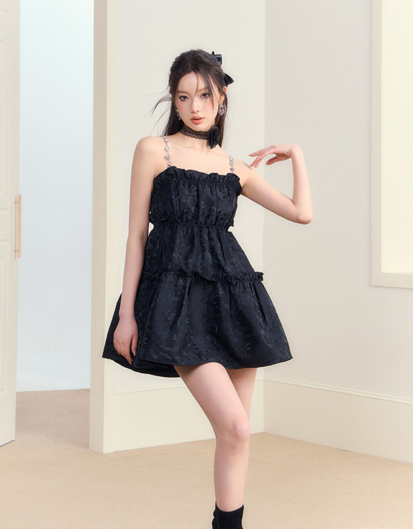 Ruffled Mini Dress With Crystal Chain Straps