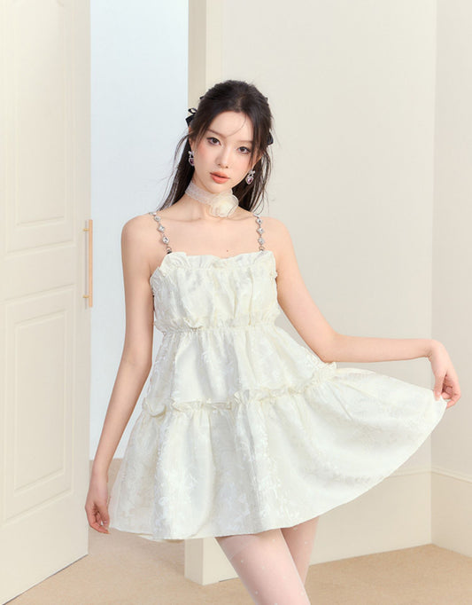 Ruffled Mini Dress With Crystal Chain Straps