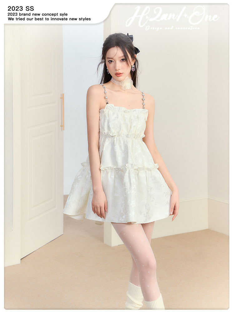 Ruffled Mini Dress With Crystal Chain Straps