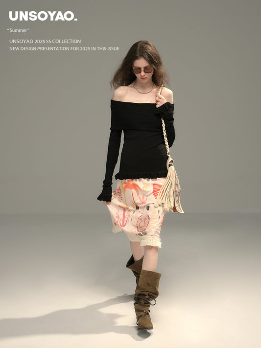 Foldover Knit Top With Ruffled Hem