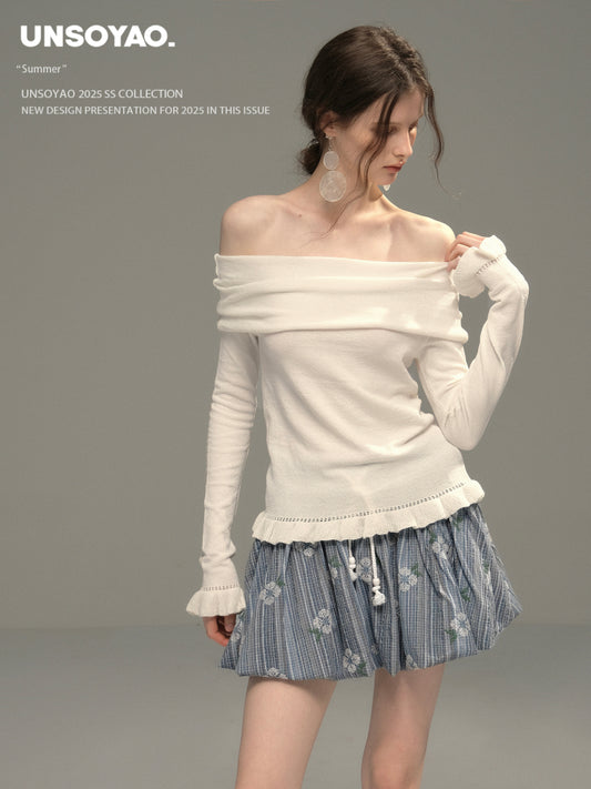 Foldover Knit Top With Ruffled Hem