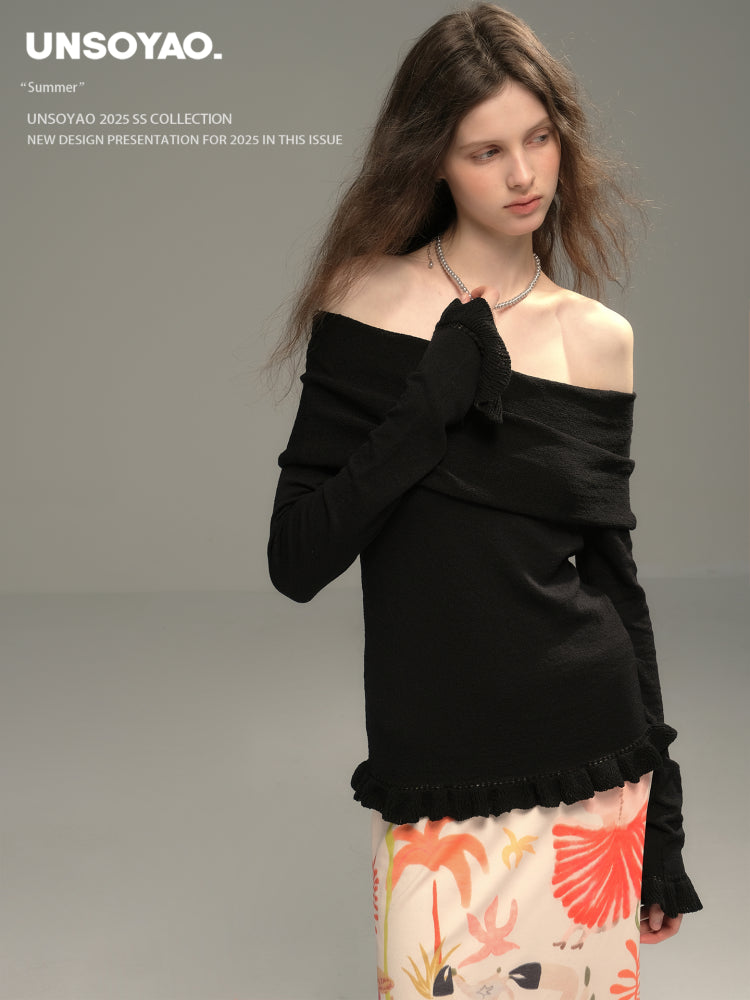 Foldover Knit Top With Ruffled Hem