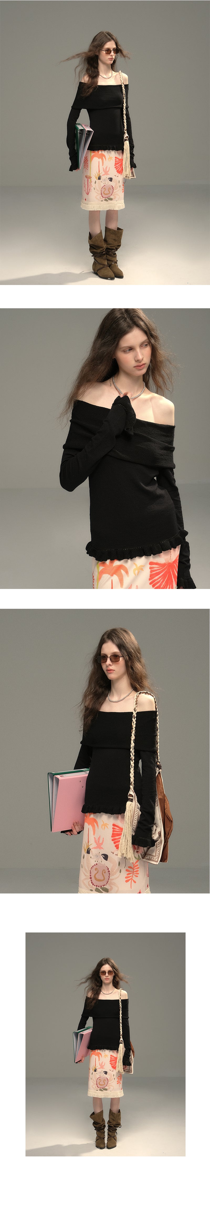 Foldover Knit Top With Ruffled Hem