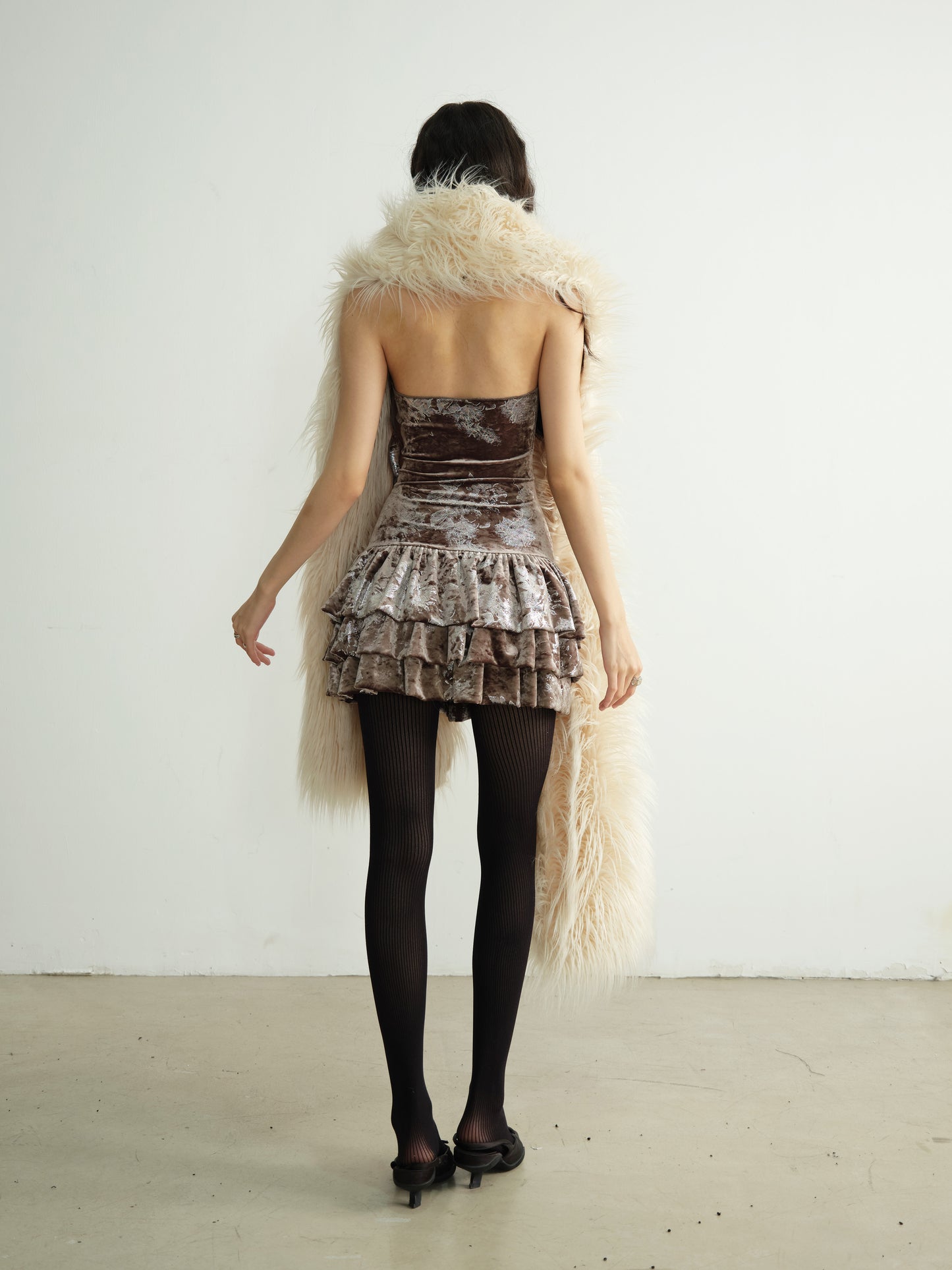 Metallic Floral Velvet Open-Back Tiered Dress