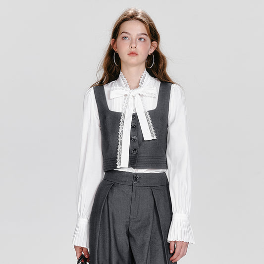 Square Collar Waistcoat, Tie Neck Blouse, Tuck Trousers