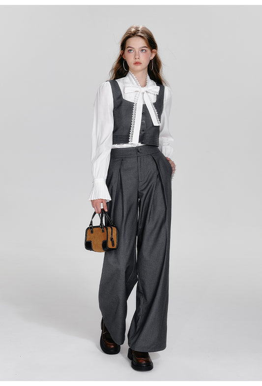Square Collar Waistcoat, Tie Neck Blouse, Tuck Trousers