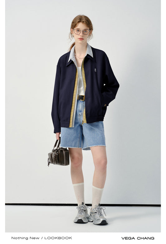 Layered-Look Plaid Shirt Zip-Up Jacket