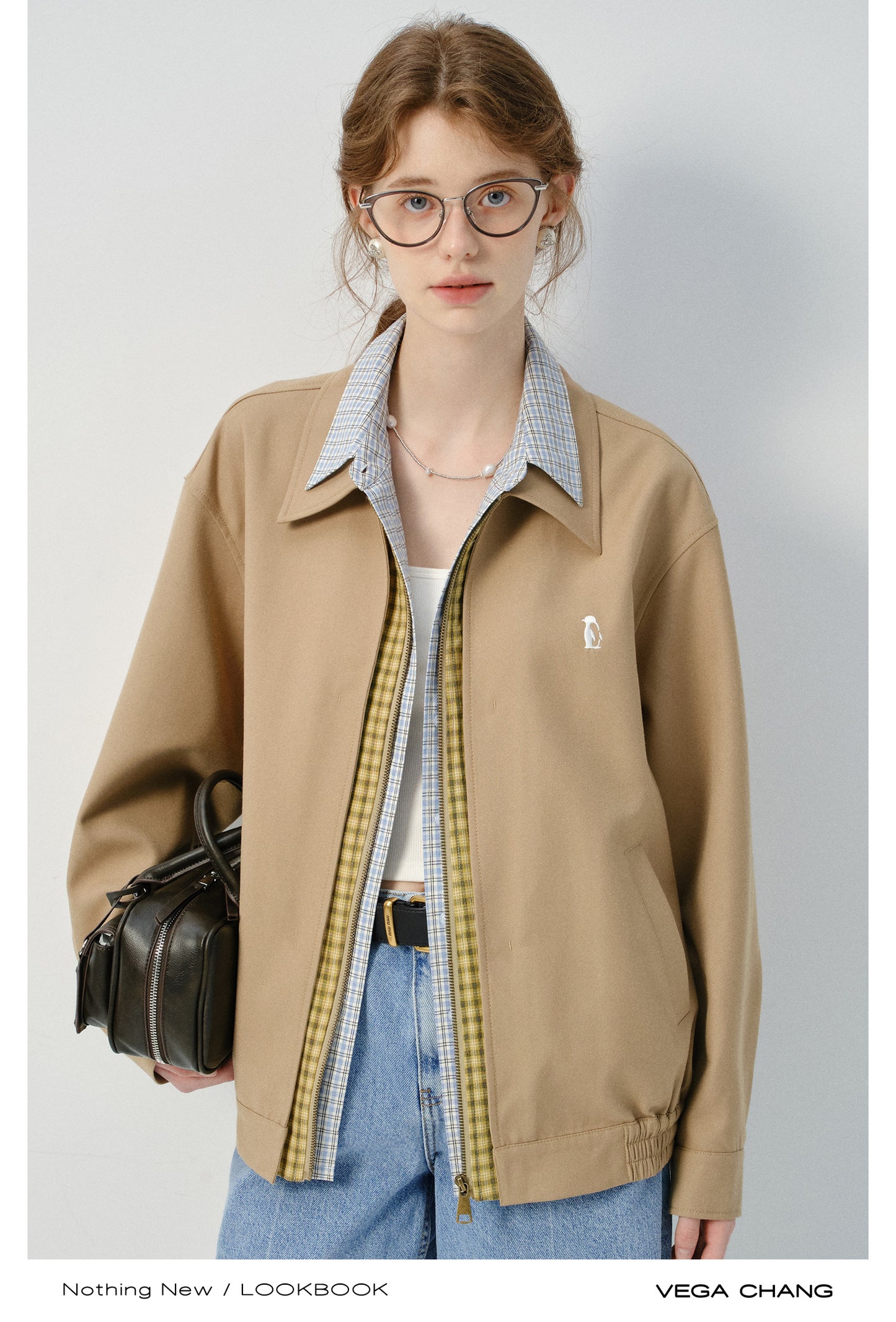 Layered-Look Plaid Shirt Zip-Up Jacket