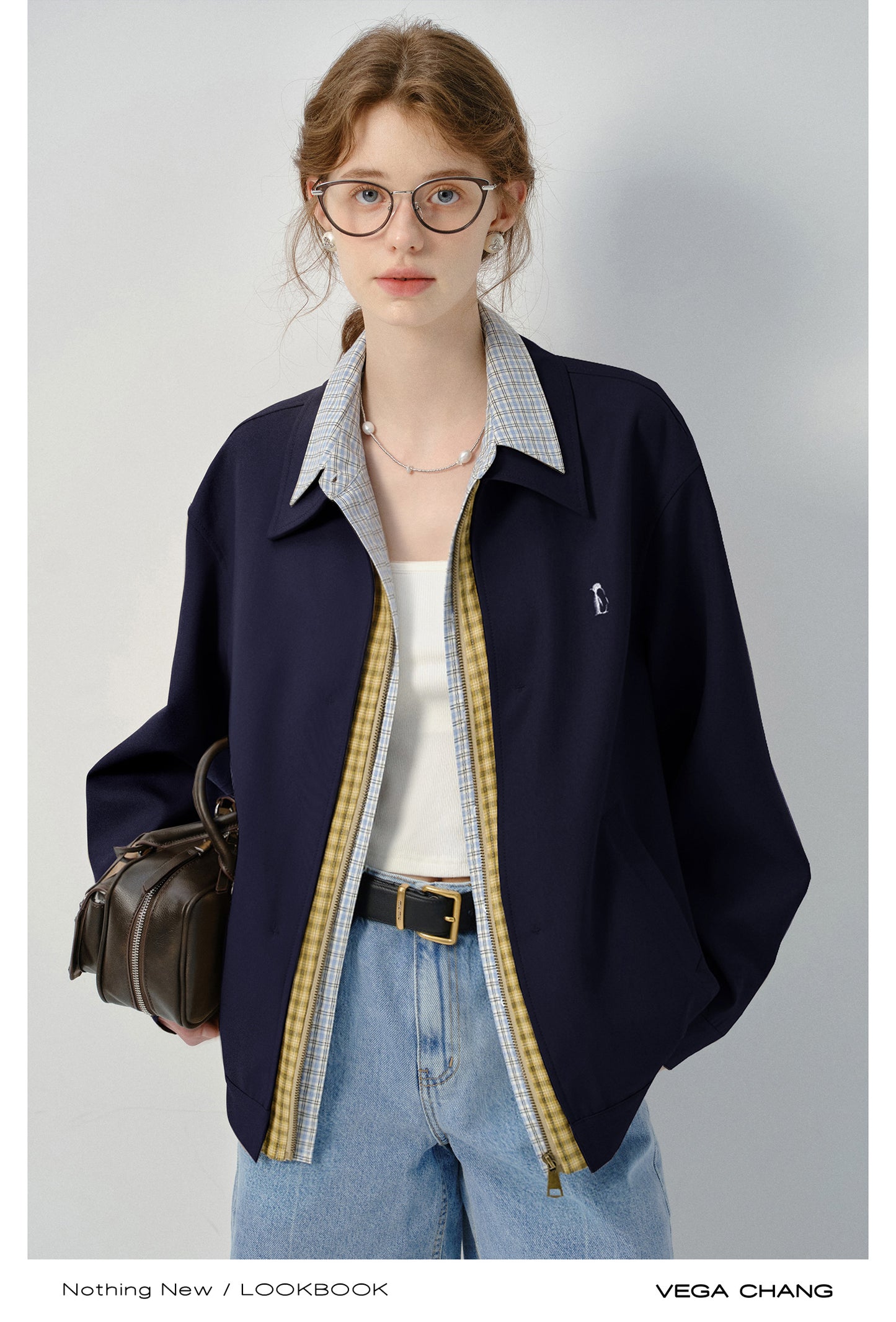 Layered-Look Plaid Shirt Zip-Up Jacket