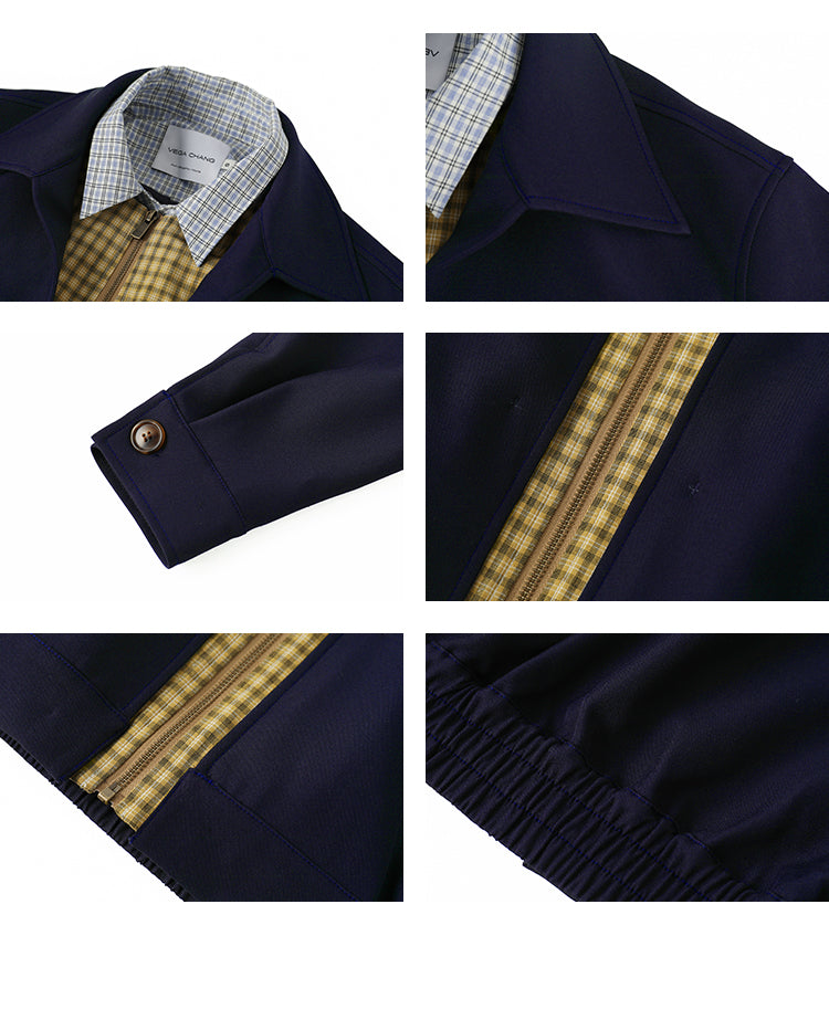 Layered-Look Plaid Shirt Zip-Up Jacket