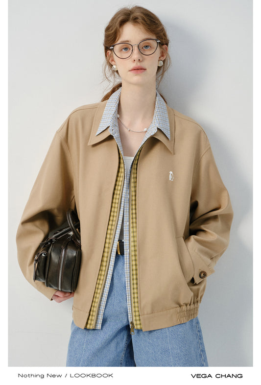 Layered-Look Plaid Shirt Zip-Up Jacket