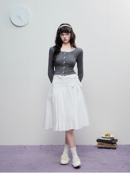 Elasticated-Back Yoke Skirt With Bow