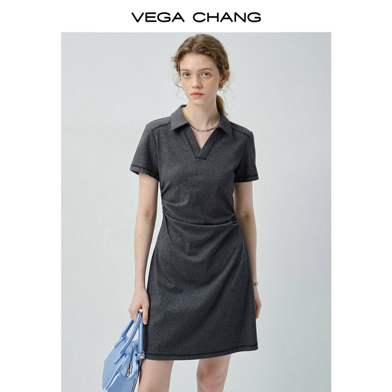 Side-Gathered Collared Mini Dress With Exposed Stitching