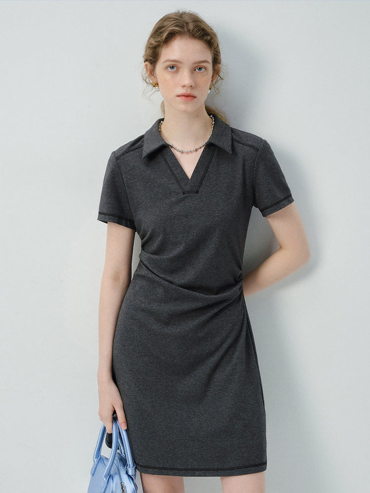 Side-Gathered Collared Mini Dress With Exposed Stitching