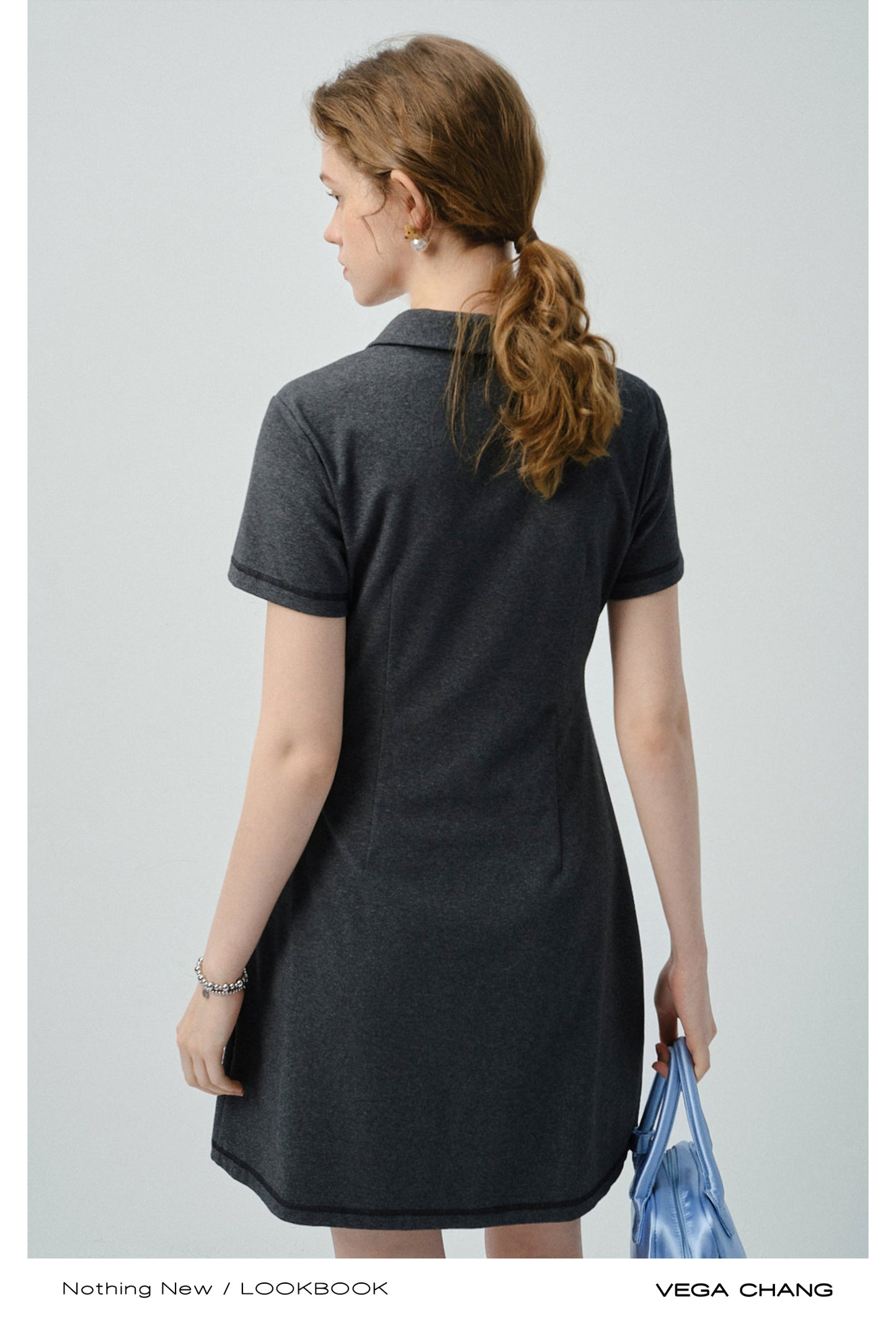 Side-Gathered Collared Mini Dress With Exposed Stitching