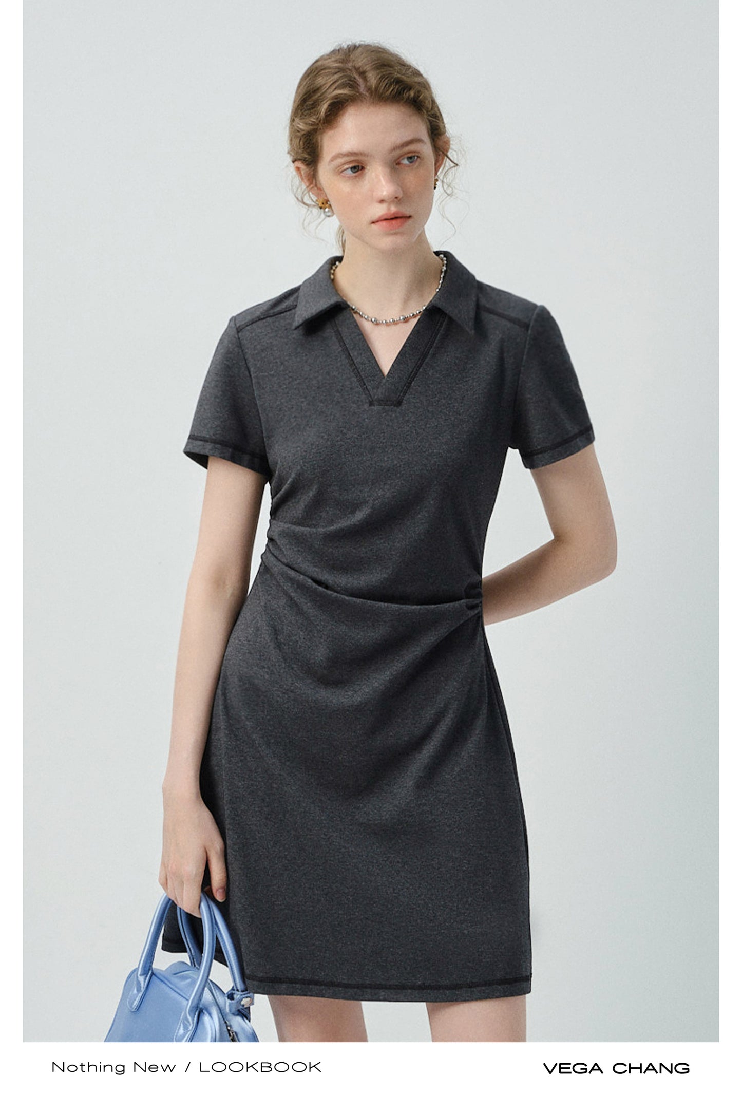 Side-Gathered Collared Mini Dress With Exposed Stitching