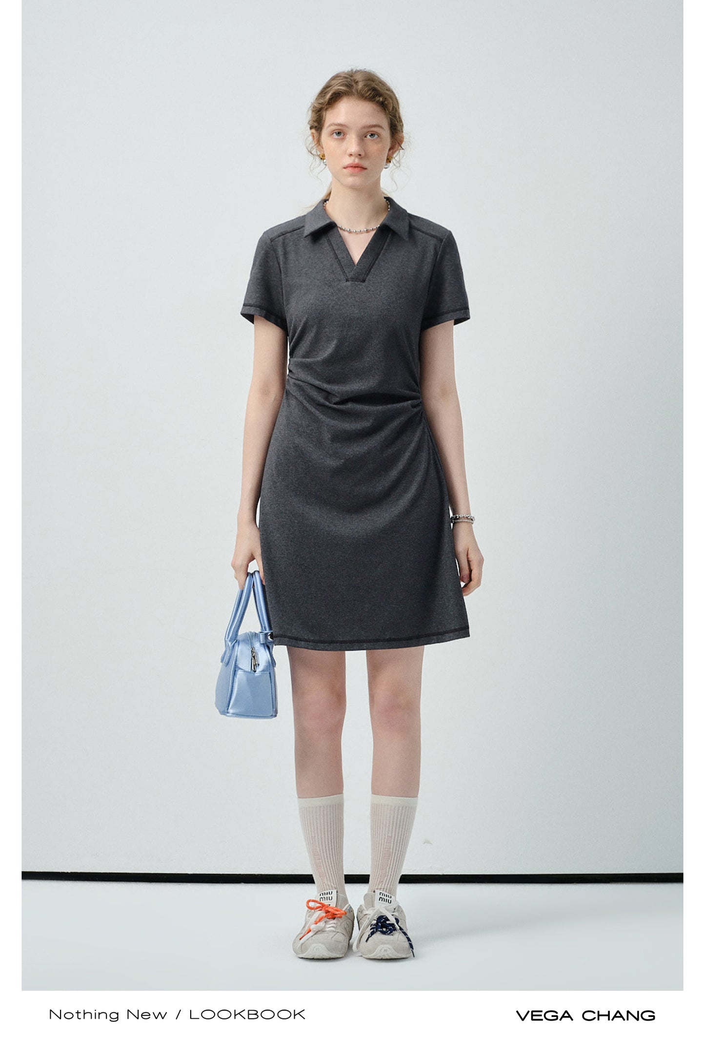Side-Gathered Collared Mini Dress With Exposed Stitching