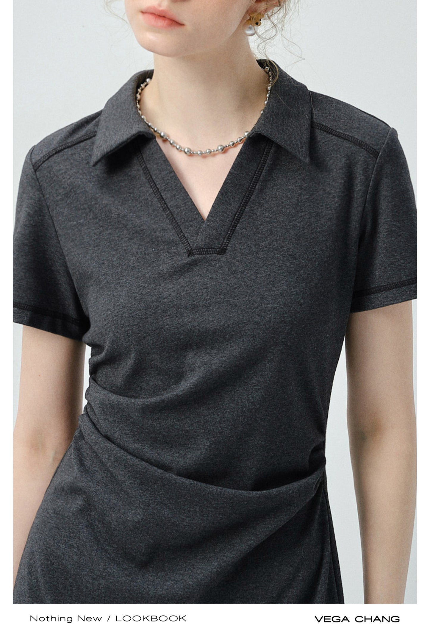 Side-Gathered Collared Mini Dress With Exposed Stitching