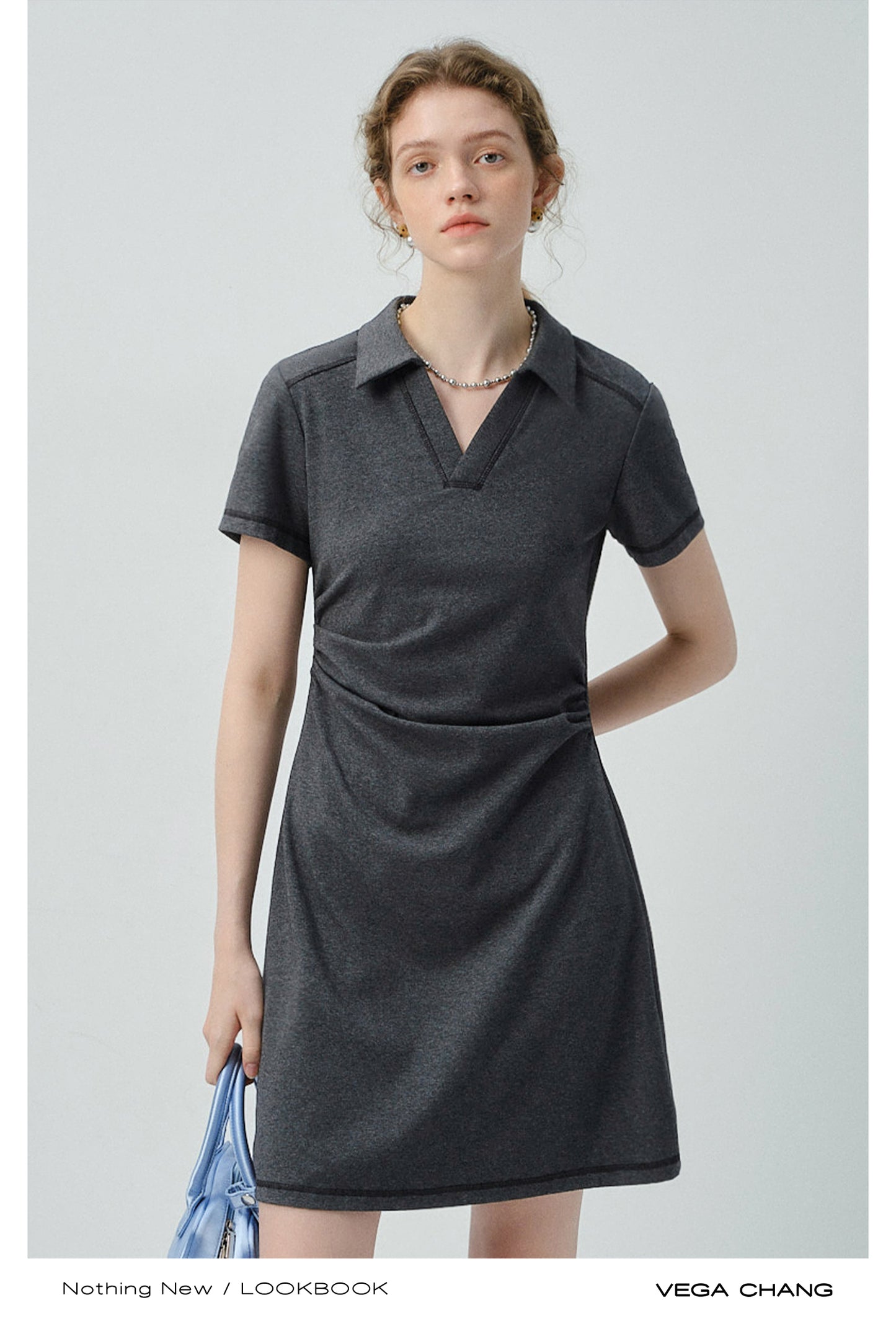 Side-Gathered Collared Mini Dress With Exposed Stitching