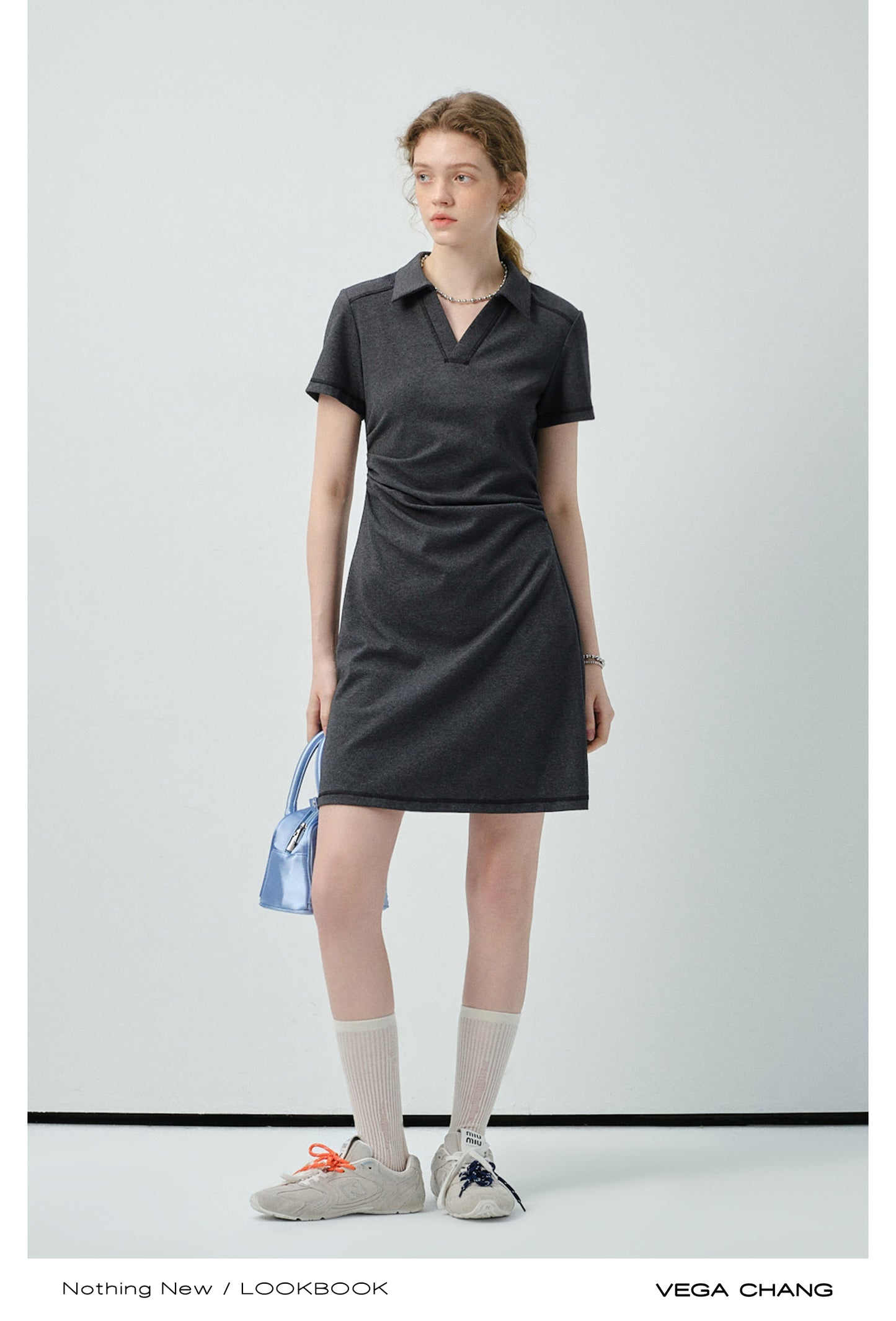 Side-Gathered Collared Mini Dress With Exposed Stitching