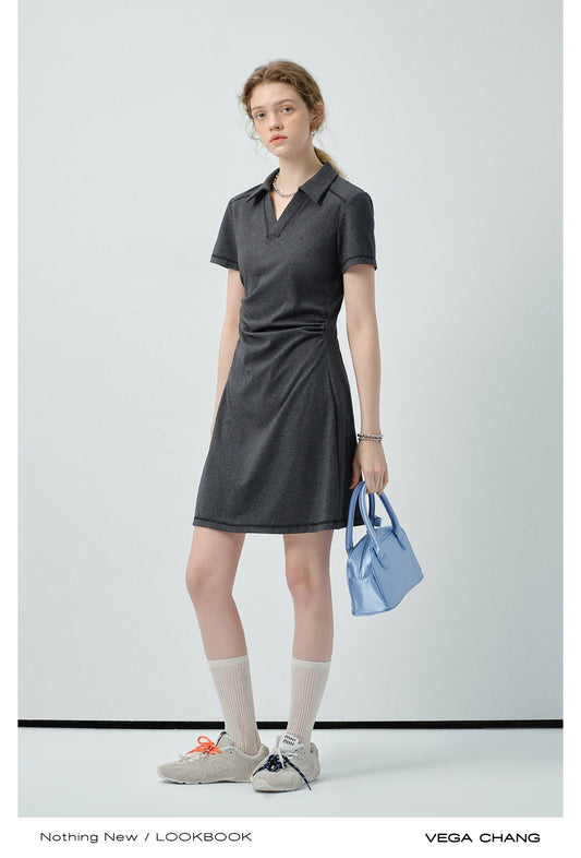Side-Gathered Collared Mini Dress With Exposed Stitching
