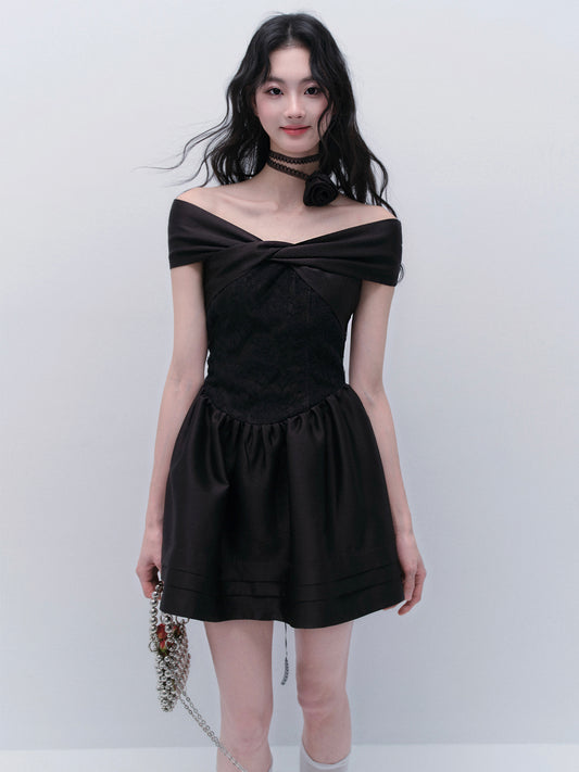 Glossy Satin Twisted Neckline Evening Party Dress