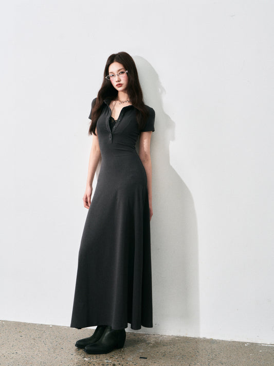 Polo-Collar Fitted Maxi Dress