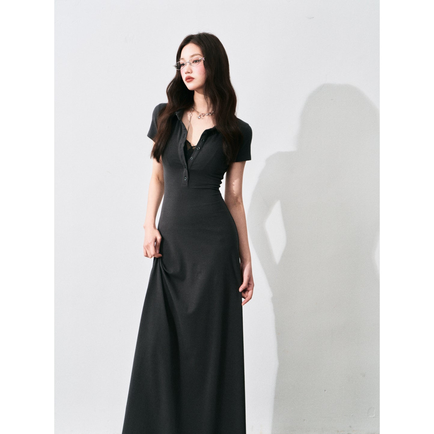 Polo-Collar Fitted Maxi Dress