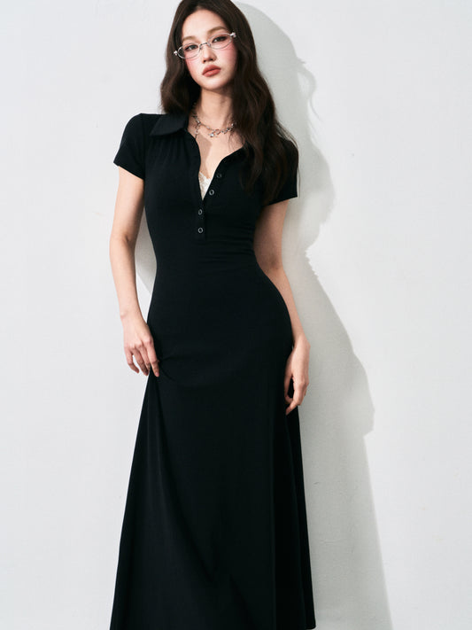 Polo-Collar Fitted Maxi Dress