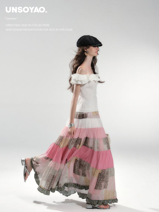 Tiered Patchwork Maxi Skirt With Frilled Hem