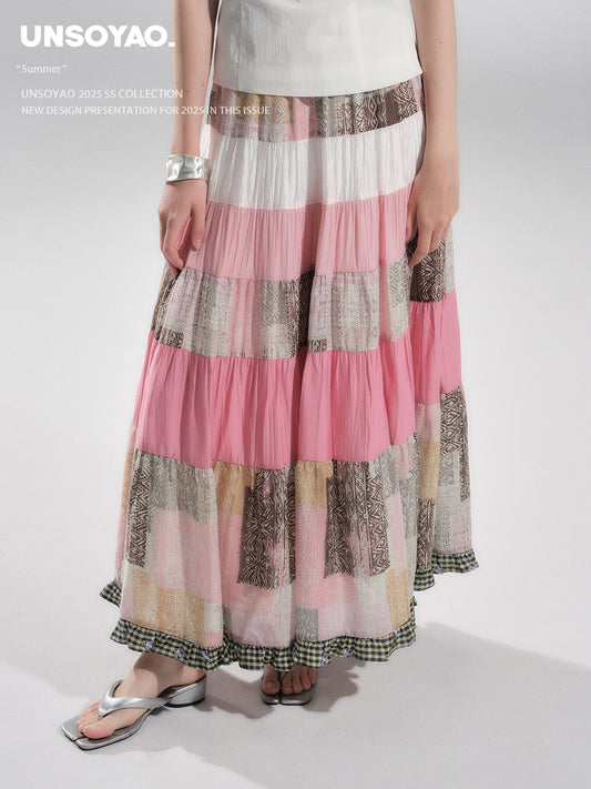 Tiered Patchwork Maxi Skirt With Frilled Hem