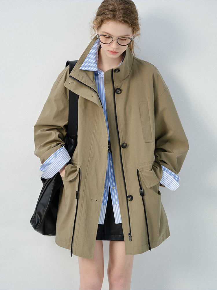 Stand Collar Drawstring Waist Jacket With Large Pockets