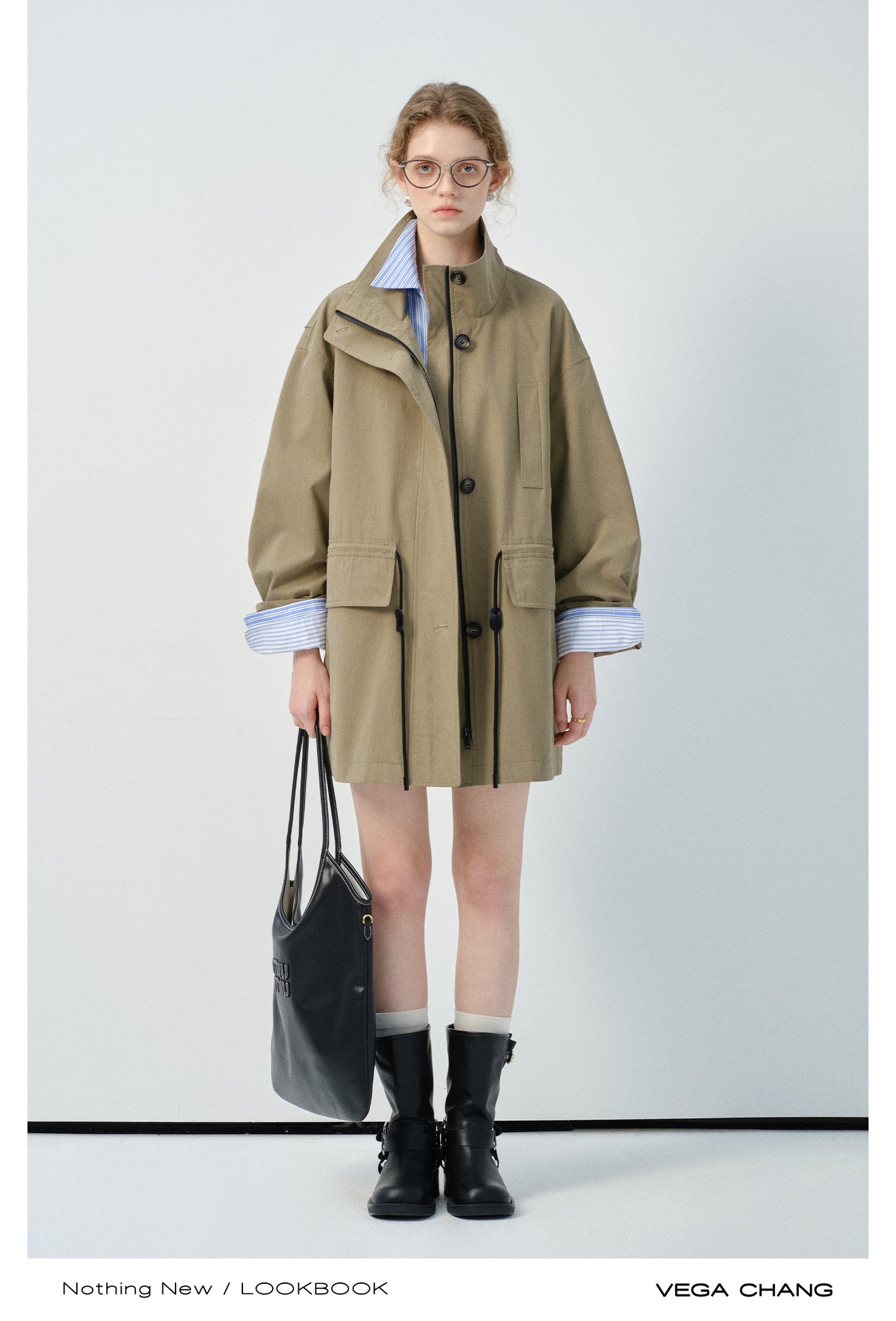 Stand Collar Drawstring Waist Jacket With Large Pockets