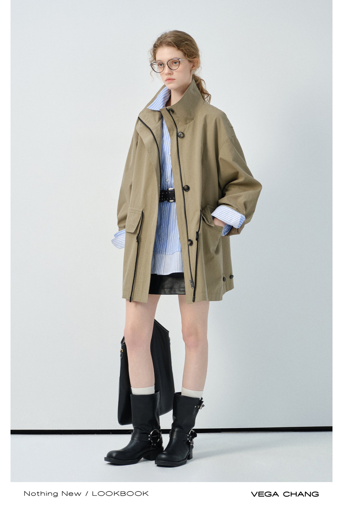 Stand Collar Drawstring Waist Jacket With Large Pockets