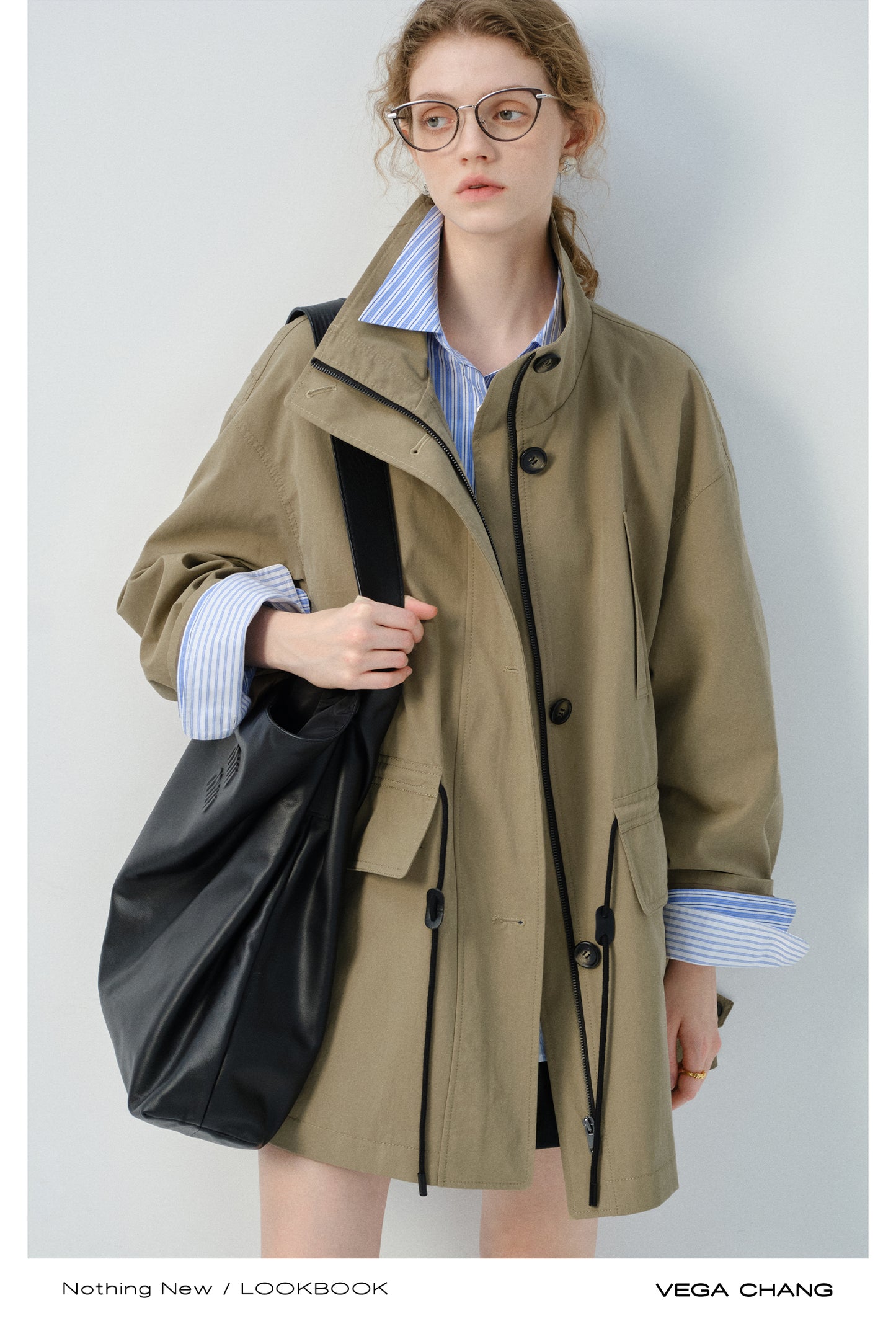 Stand Collar Drawstring Waist Jacket With Large Pockets