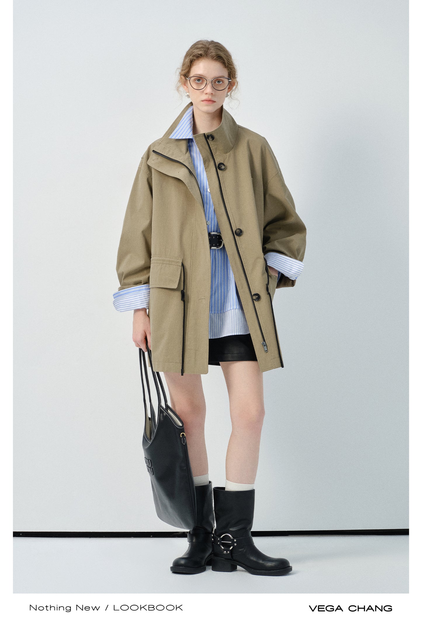 Stand Collar Drawstring Waist Jacket With Large Pockets