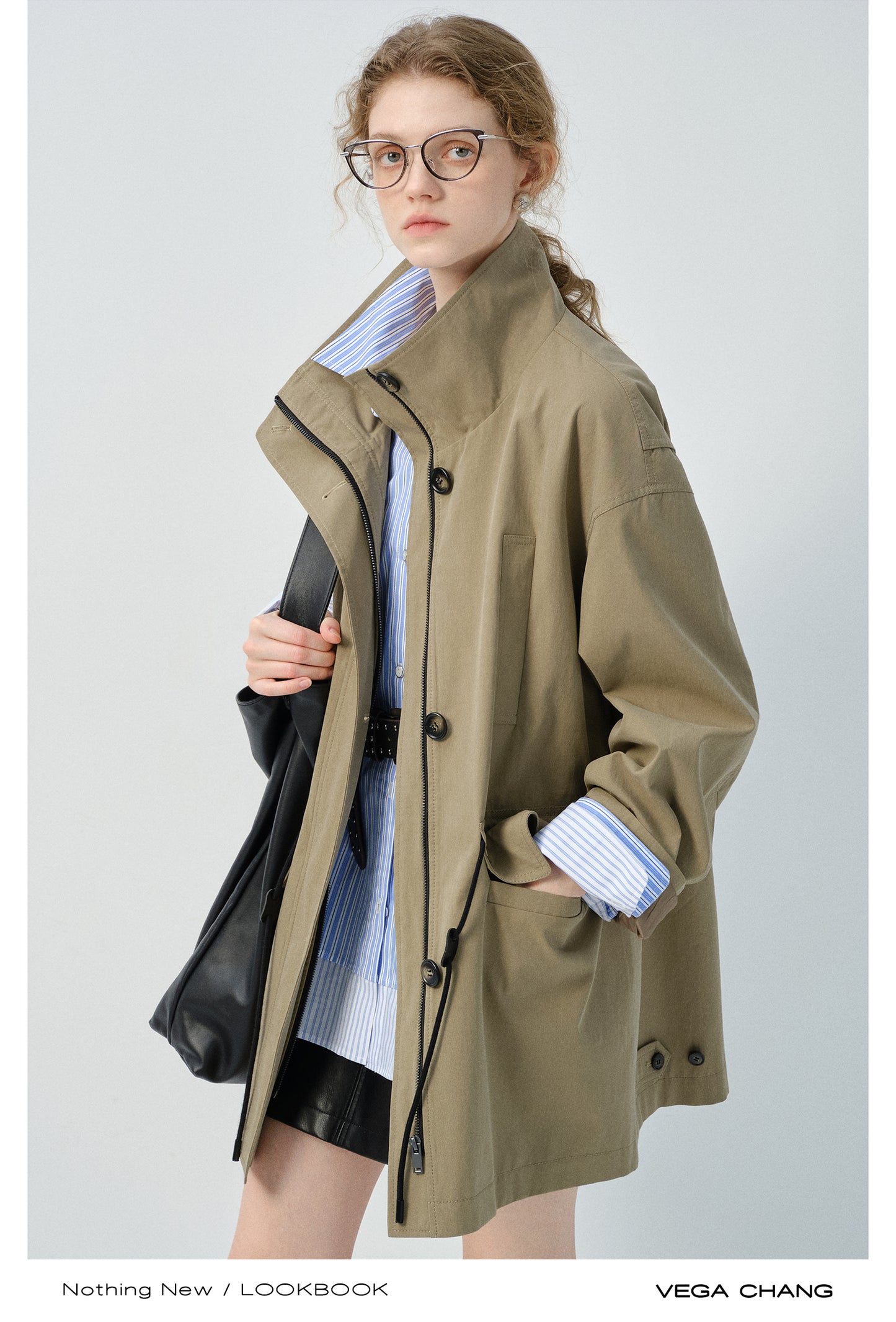 Stand Collar Drawstring Waist Jacket With Large Pockets