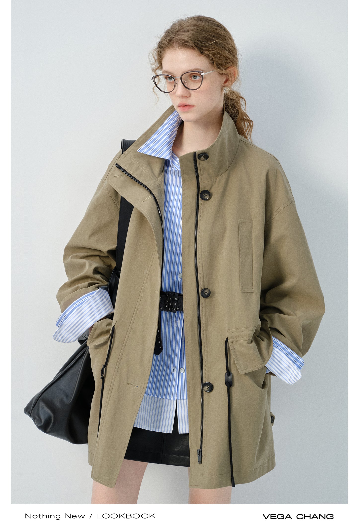 Stand Collar Drawstring Waist Jacket With Large Pockets