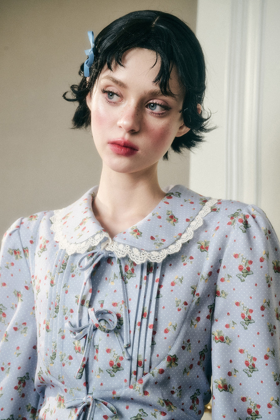 Strawberry Dotted Doll Collar Blouse And Matching Skirt